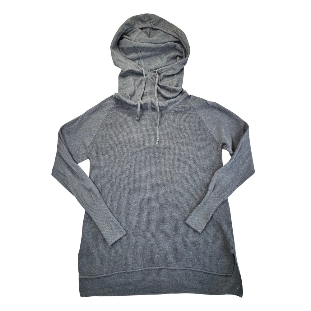 Athleta Waffle Knit Hoodie Women's Medium Blue Grey Funnel Neck Thumbholes